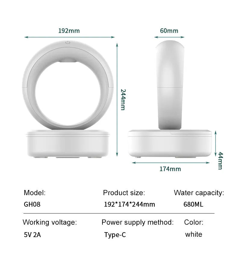 White round anti-gravity air humidifier with levitating water droplets on a desk, USB powered
