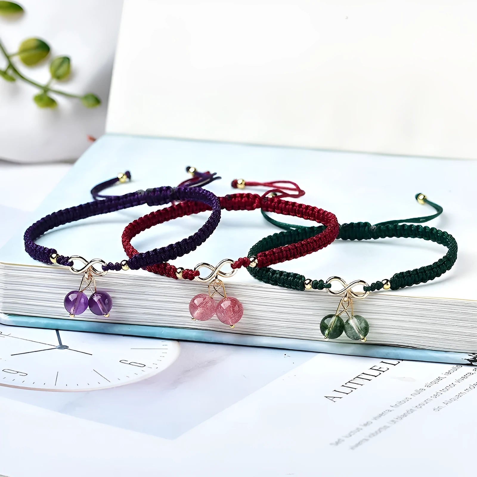 Women's adjustable natural strawberry quartz cherry bracelet with crystal beads and silver-tone magnetic clasp.