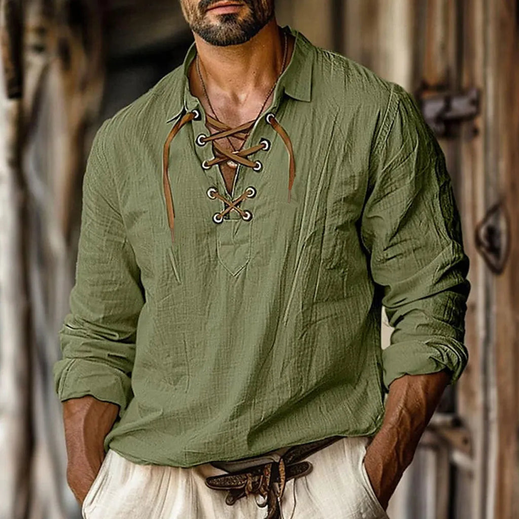 Men's loose fit linen blend shirt with lace detail on lapels, in solid blue colour.