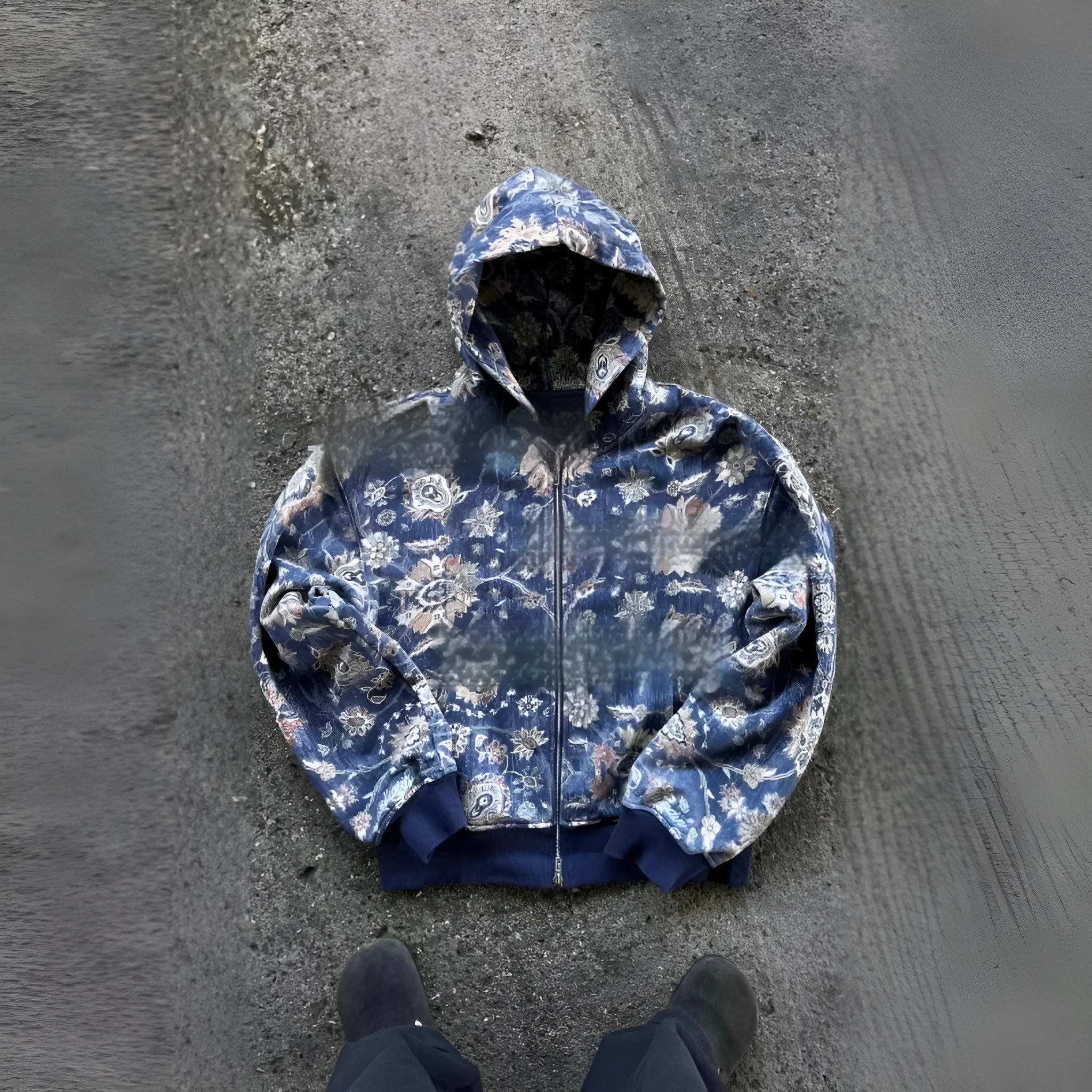 A man's loose-fitting blue hooded zip coat with long sleeves on a hanger.