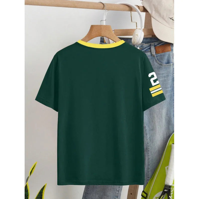 Men's loose fit red T-shirt with a white digital letter print on the front.
