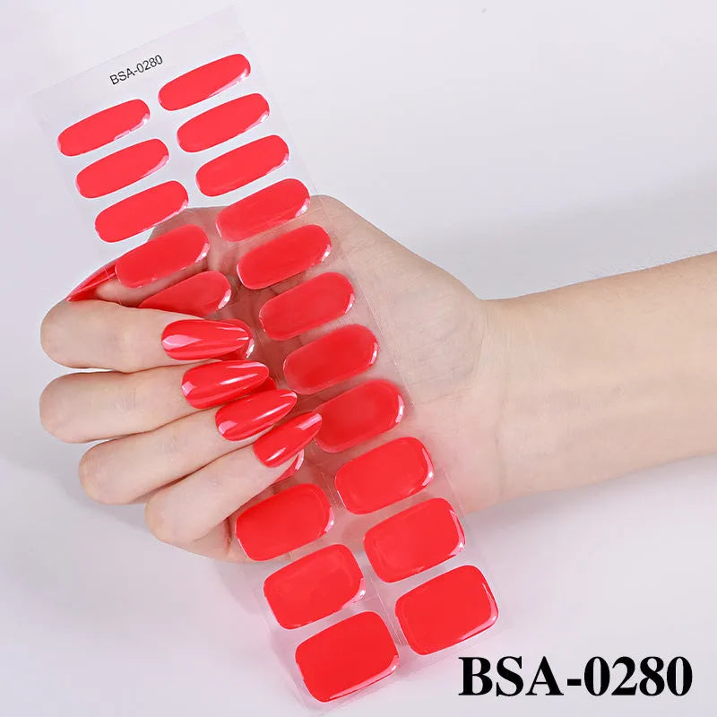 No-bake gel nail sticker set with alcohol swabs, nail file, and wooden stick on cardboard backing, showing various patterns