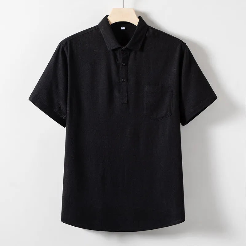 Men's loose lapel linen T-shirt in hemp blend fabric, shown in optic linen colour.