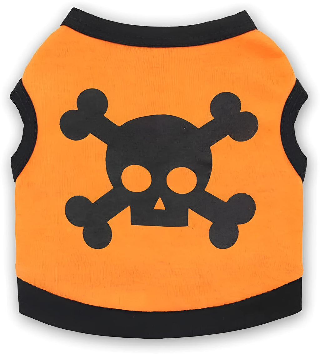 Dog wearing cotton tank top with skull and bones pattern in colour blocking design