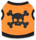 Dog wearing cotton tank top with skull and bones pattern in colour blocking design
