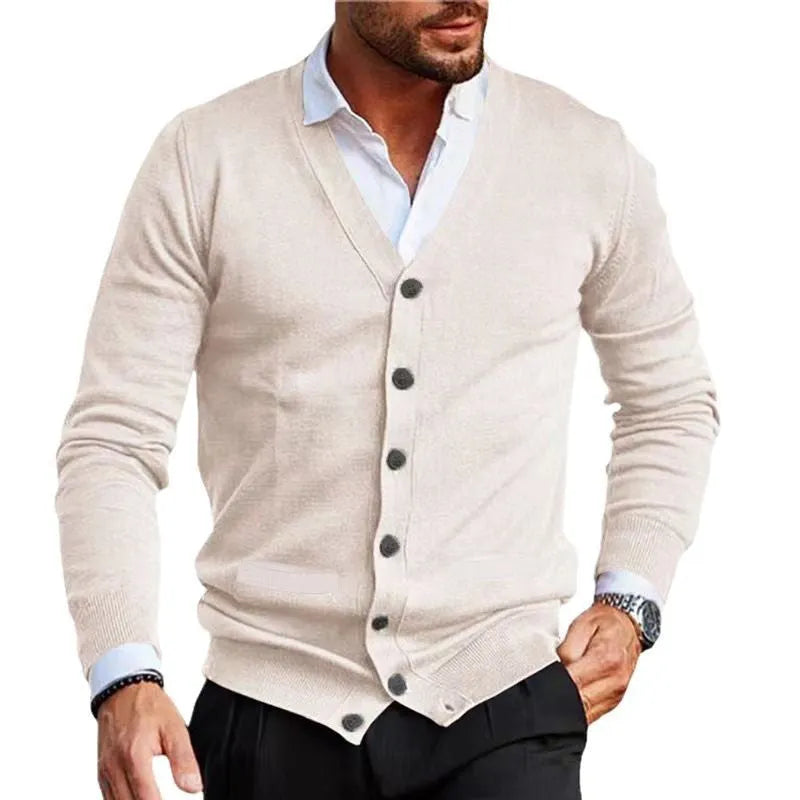 Men's slim fit acrylic cardigan sweater in beige colour, shown on a model.