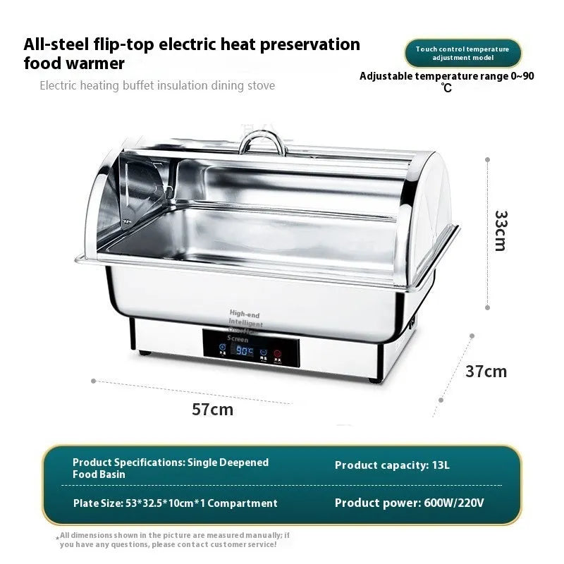 Stainless steel electric buffet stove with transparent flip lid and LCD temperature control display