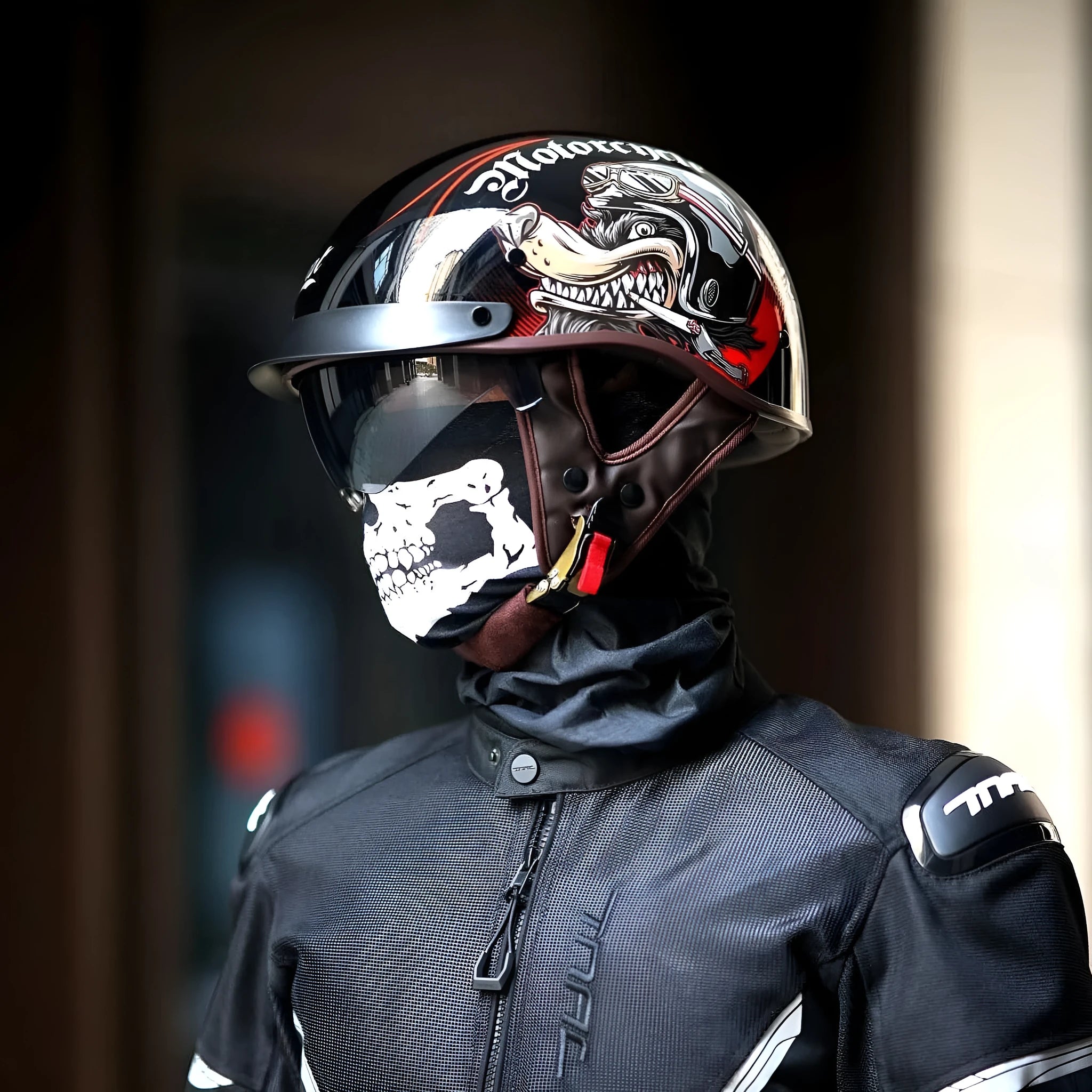 Retro electric motorcycle helmet in bright black with whiskers design on side and front vents
