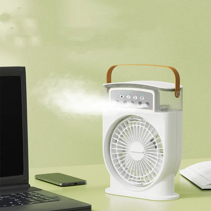 5Five hole spray fan humidifier in white with USB power cord and water mist function on a desk