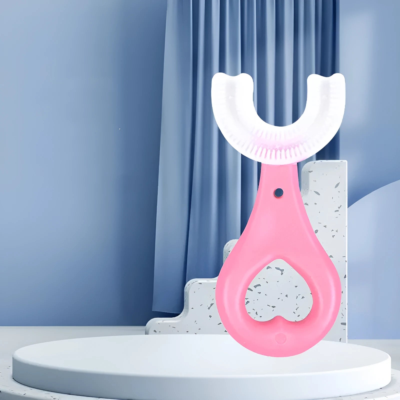 Children's U-shaped food grade soft rubber toothbrush in pink blue colour for ages 2-6 years