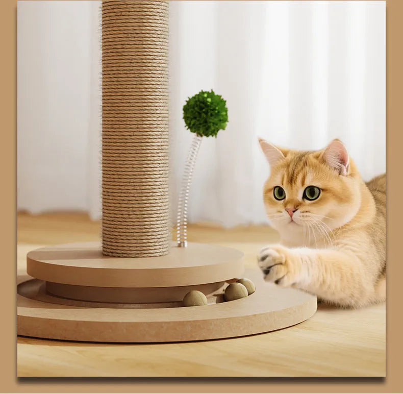 Simple cat climbing frame with hemp rope posts and canna-coloured grab columns