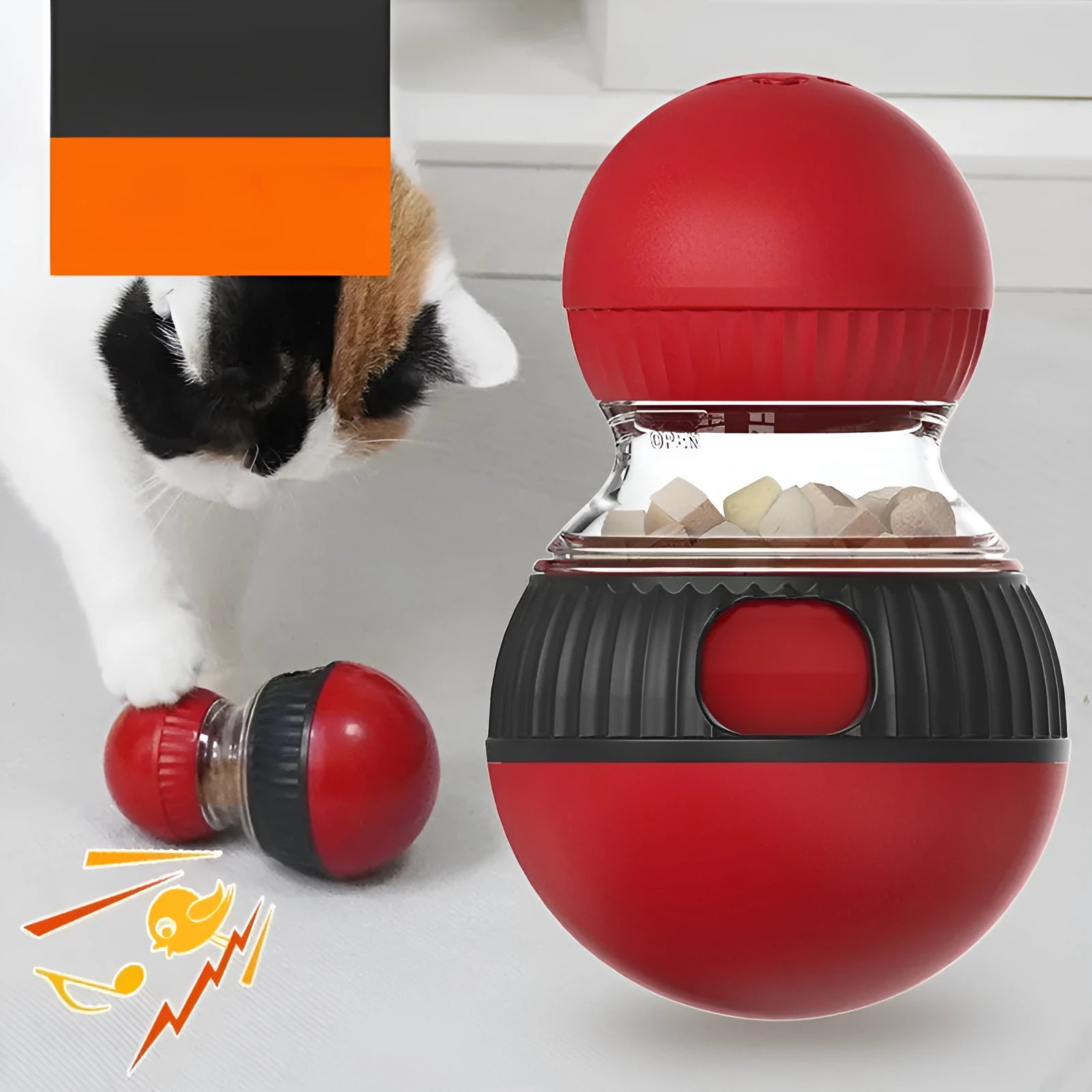 Rotating plastic cat toy with food dropping mechanism and sound elements for interactive play