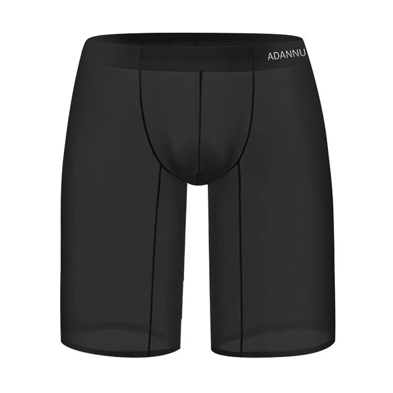 Men's solid colour nylon mesh home shorts in black, shown on a hanger.