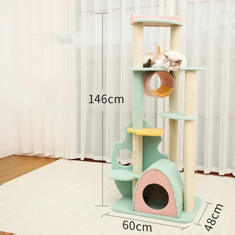 Large cat scratching post climbing frame with sisal column and soft velvet fabric in multiple sizes for rest and paw grinding
