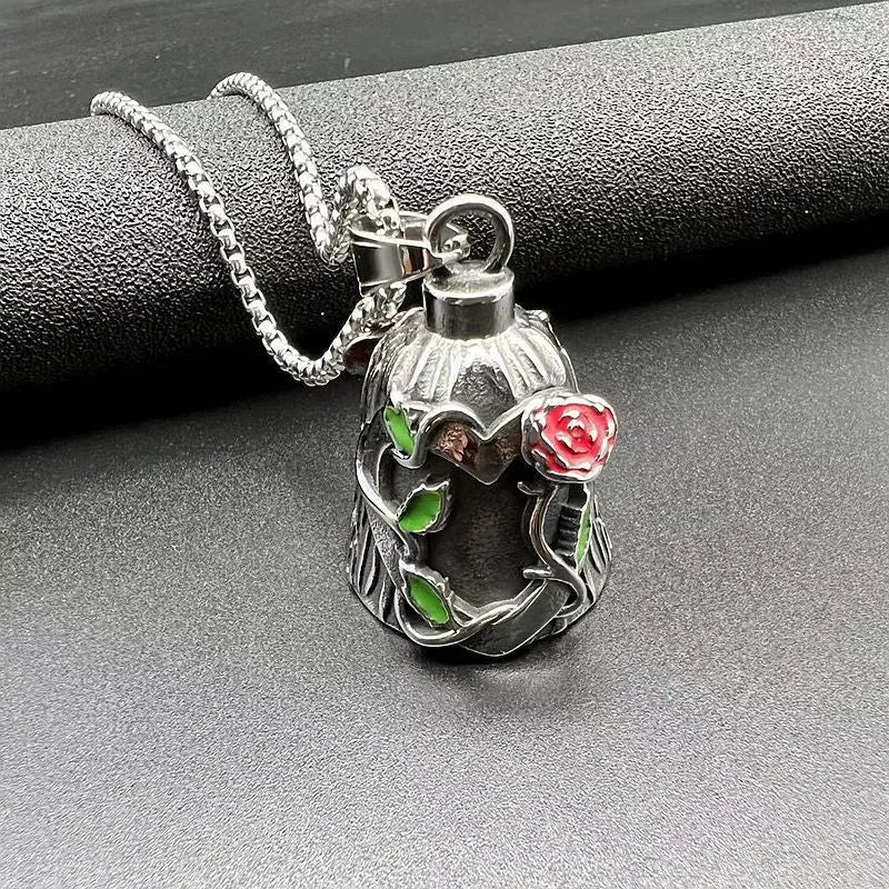 Polished titanium steel motorcycle lucky bell with a double-sided epoxy rose design in retro steel colour.