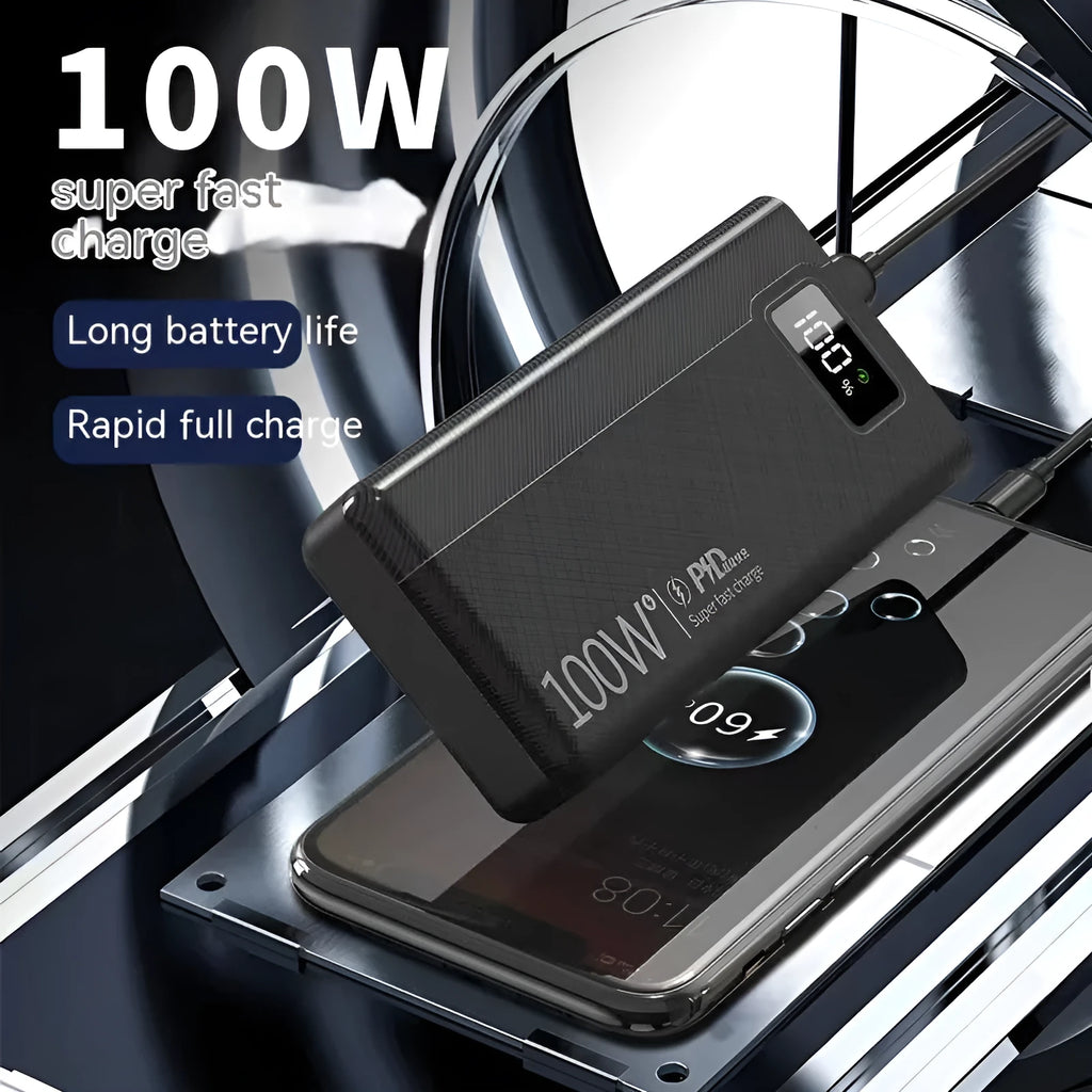 Black and white plastic power bank showing dimensions of 150 by 76 millimetres