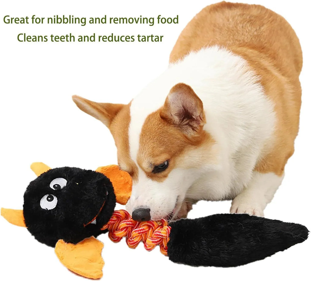 Large plush dog toy with squeaker and rattle in black, green, or red colours, measuring 44cm long