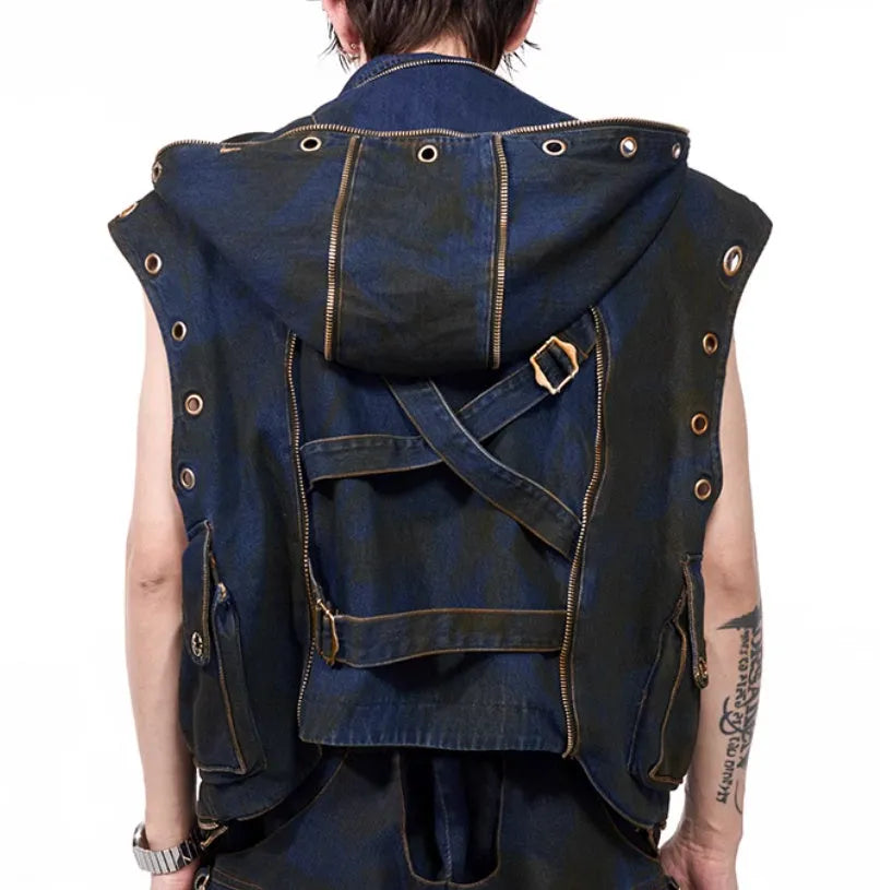 Blue hooded denim vest coat and matching trousers set with zipper front closure