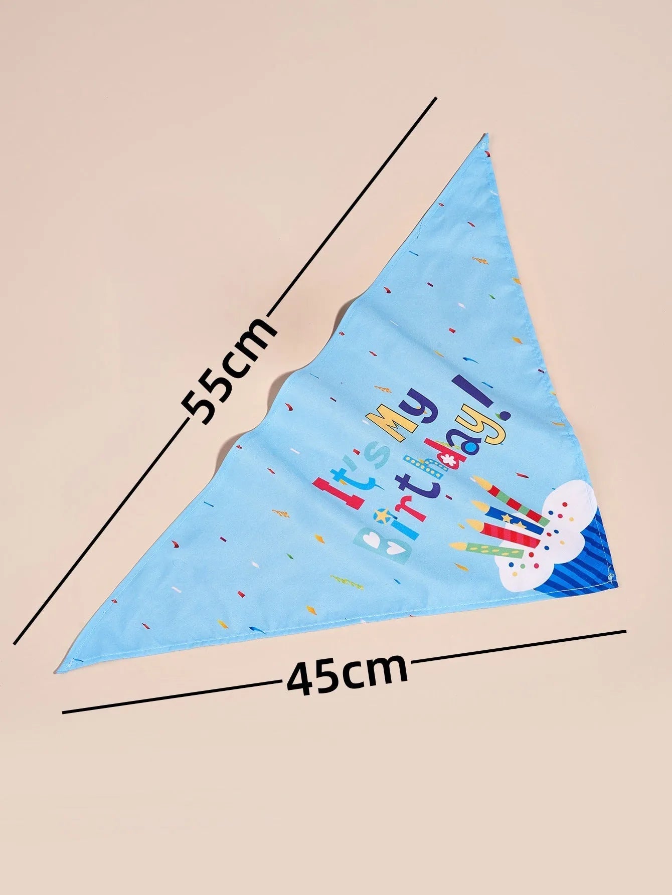 Printed polyester dog birthday hat and drool towel set in blue with creative triangular binder design