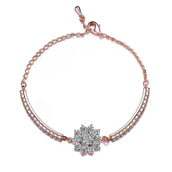 Rose gold cubic zirconia bracelet with cross crown Roman numeral motifs on alloy setting