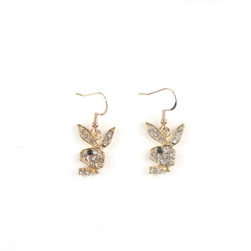 Rabbit stud earrings with full diamond detail in silver, pink, or gold alloy metal