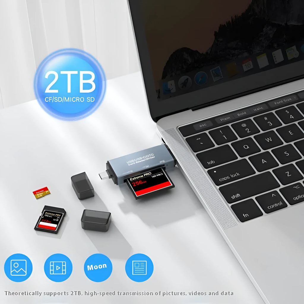 Compact aluminium USB card reader for CF, SD, and TF memory cards on a desk.
