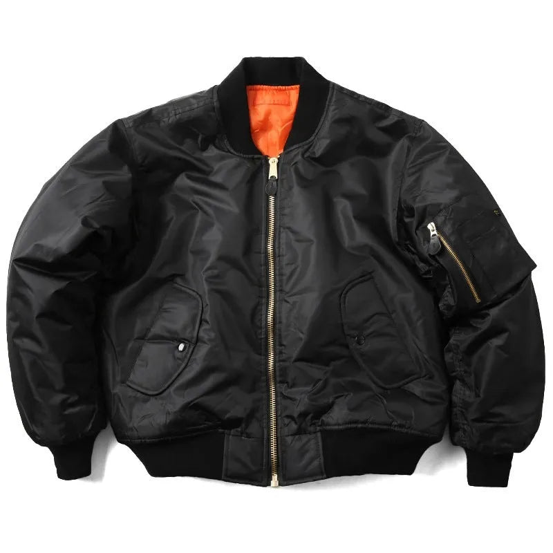 Men's loose fit army green nylon pilot jacket with cotton padding on a mannequin.