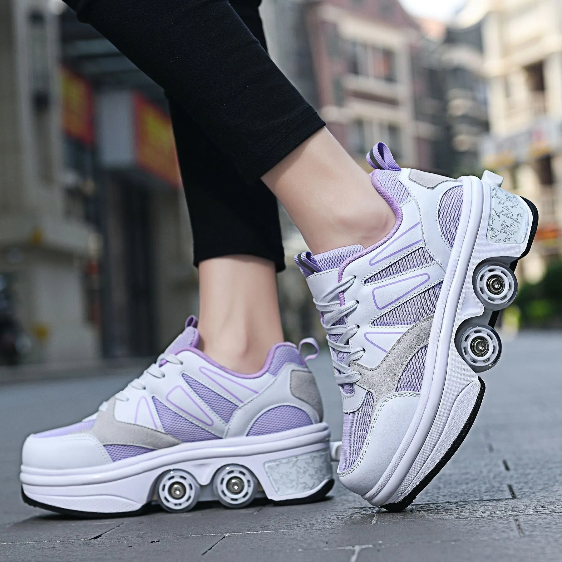 Four Wheel Rampage roller skates with seven-colour breathing light, double-row PU wheels, grape purple colour variant