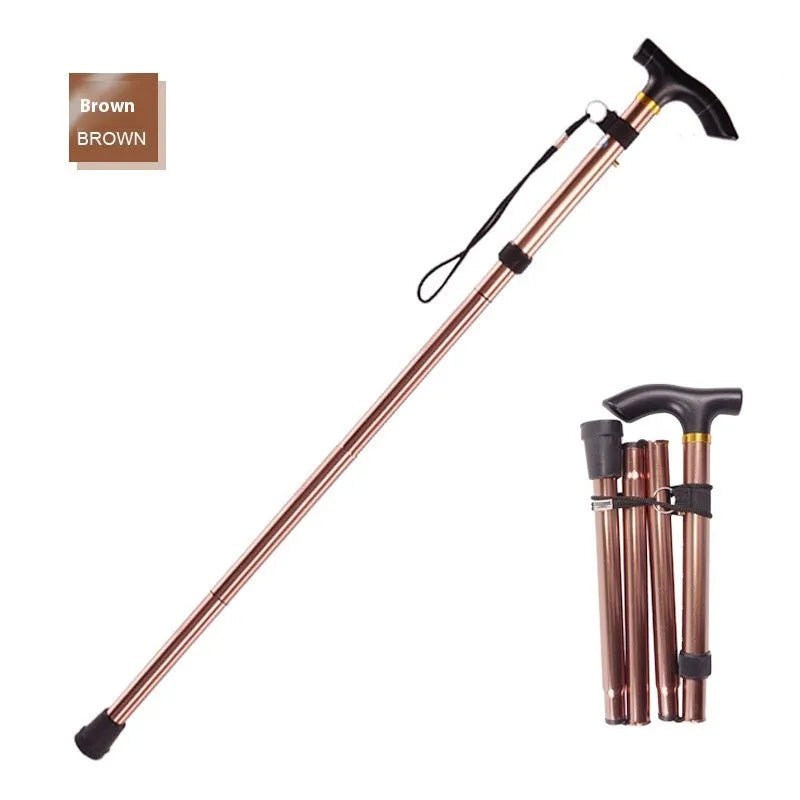 Aluminium folding walking cane extended to show height adjustment with non-slip handle