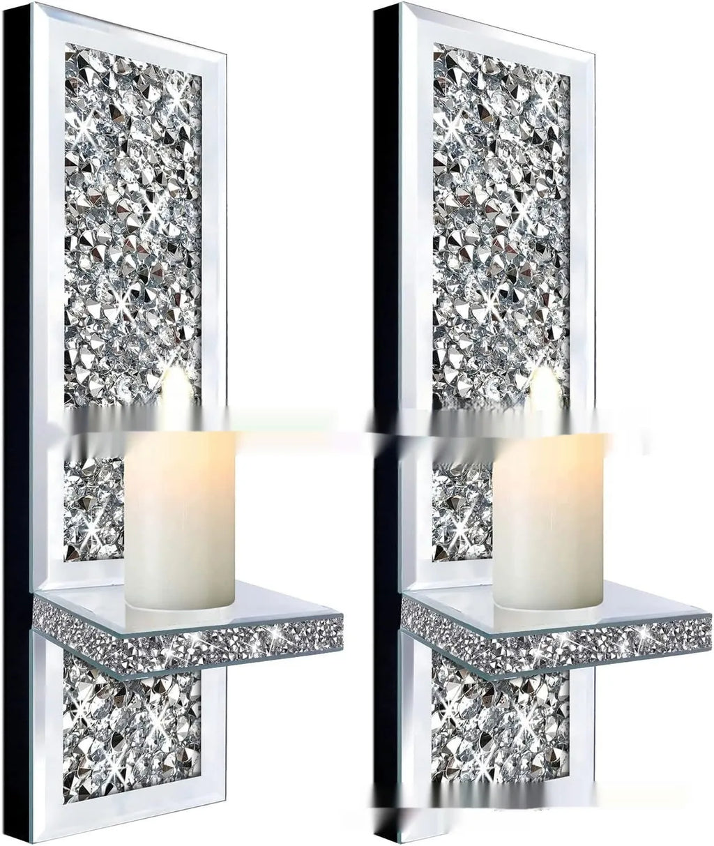 Silver mirror glass wall hanging candlestick pair measuring 38 cm tall