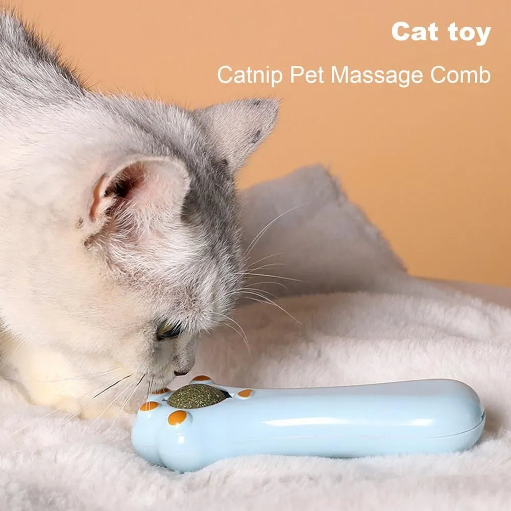 Blue dual-purpose cat massage comb and dental toy with cartoon design and catnip