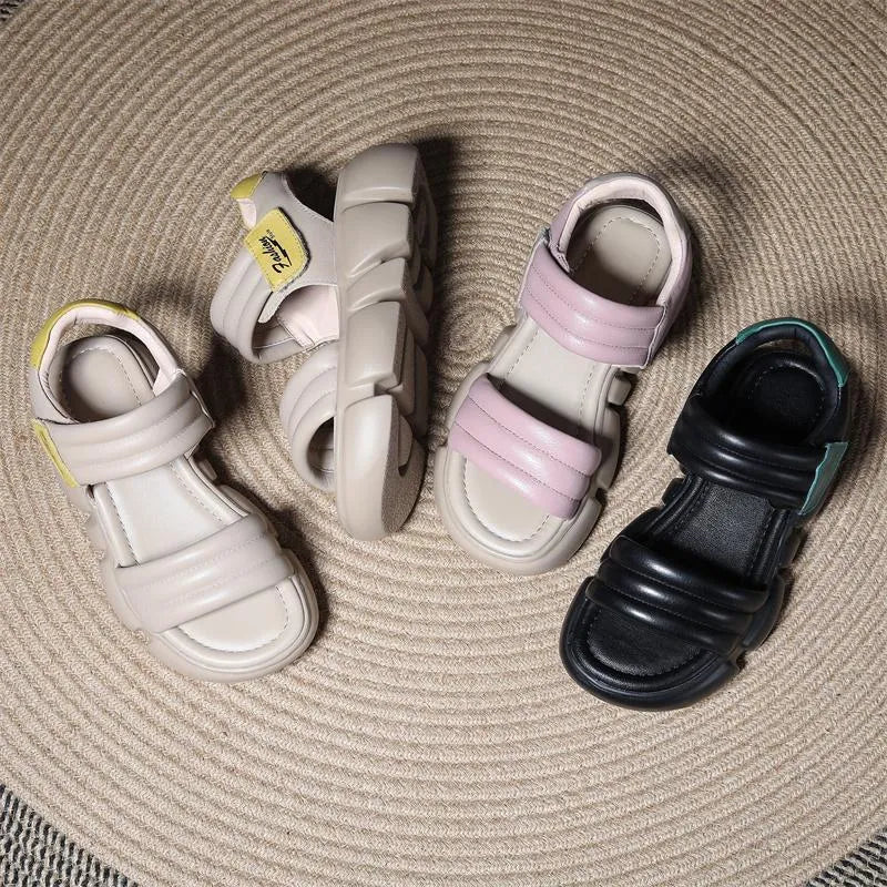 Open toe platform wedge sandals in beige with Velcro strap and rubber sole