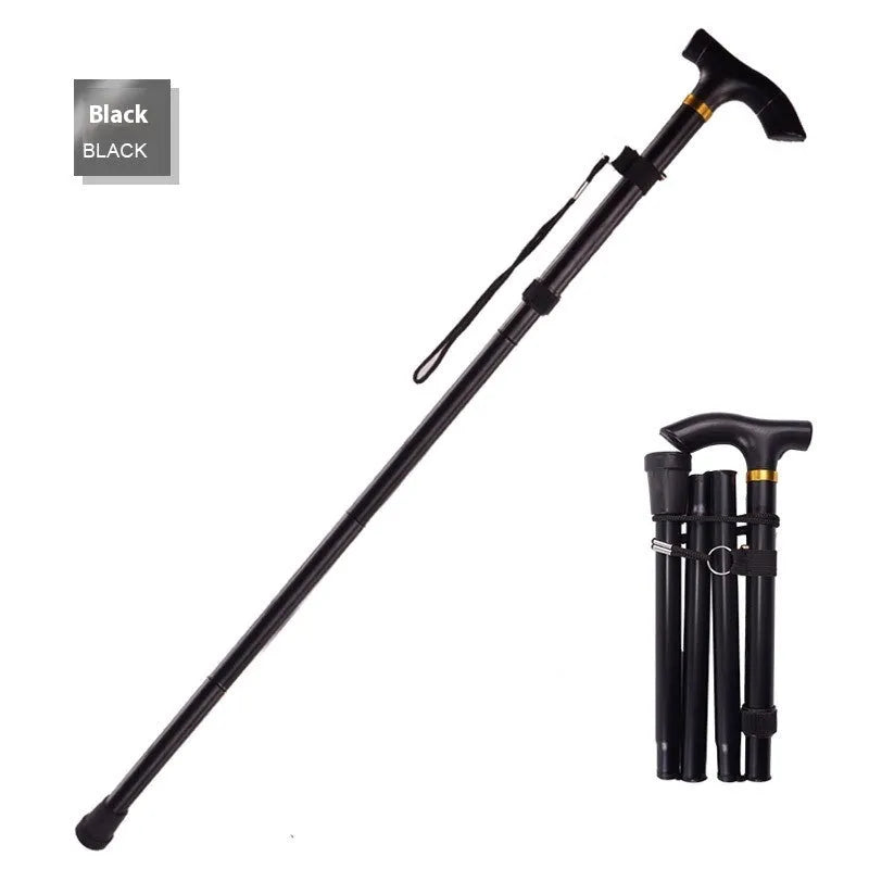 Aluminium folding walking cane extended to show height adjustment with non-slip handle