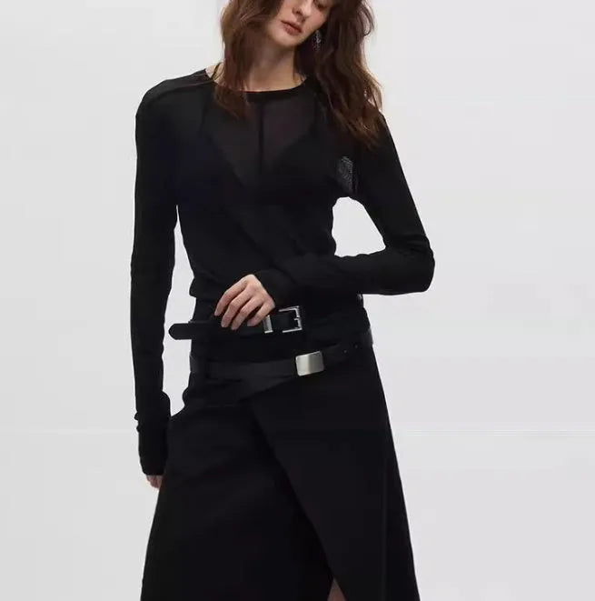 Black mesh see-through slim-fit pullover with long sleeves and a round collar.