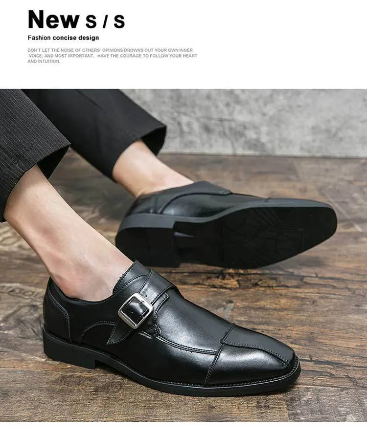 Men's British style casual leather shoes with retro buckle in black and brown-blue colours