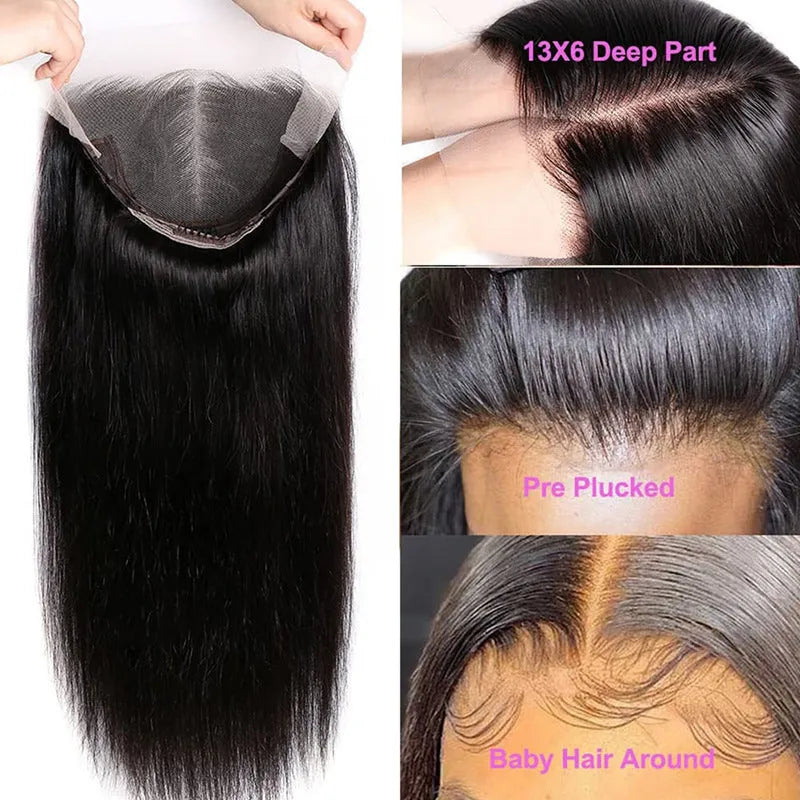 Black straight 13x6 lace front human hair wig displayed on a mannequin head, showing a natural hairline.