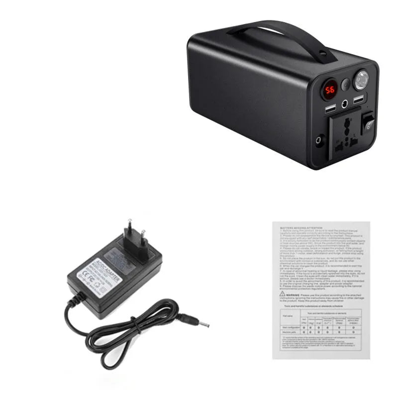 Portable 45000mAh power station with AC DC USB outputs and solar input in black colour