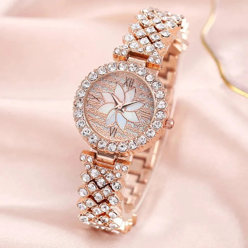 Diamond-embedded starry sky flower disk bracelet watch set for women rose gold 7mm quartz