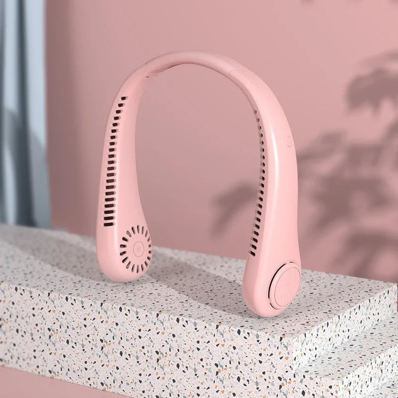 Blue bladeless neck fan showing neckband design and airflow outlet