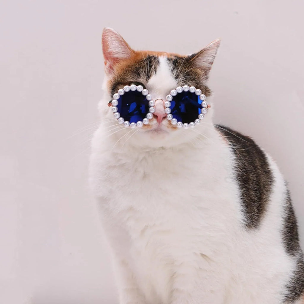 Pearl-rimmed round sunglasses for cats and dogs in multiple colours on a pink background.