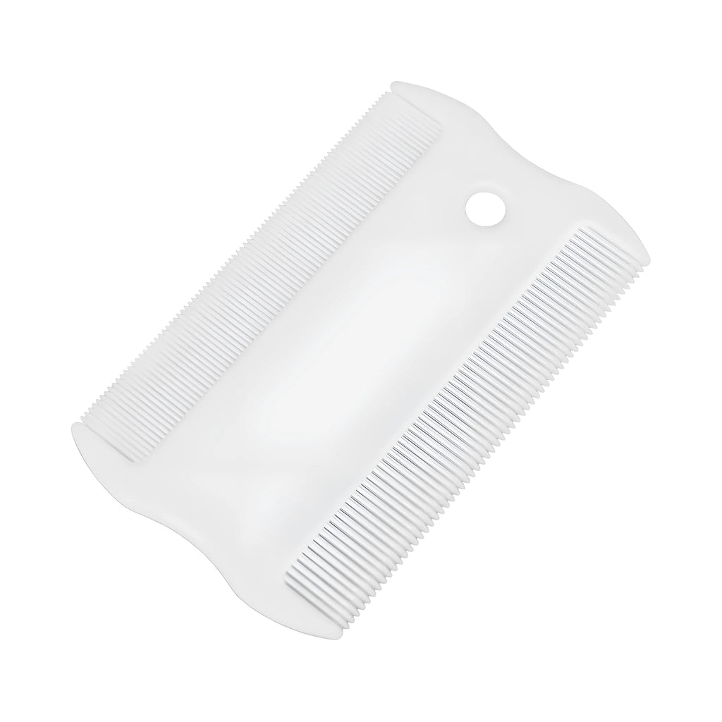 A small white plastic double-sided flea comb for pets, showing both the fine tooth side and the grate mouth side.