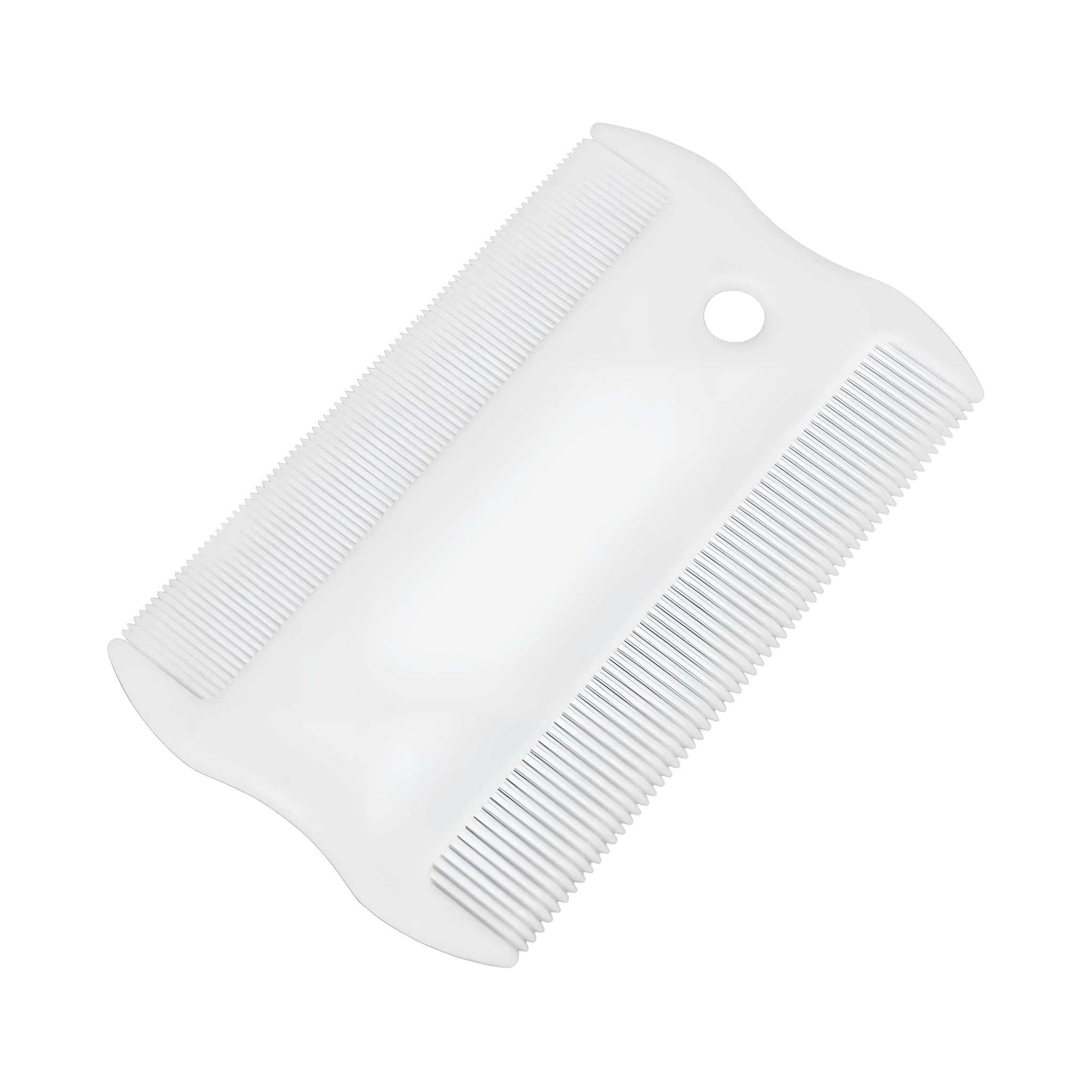 A small white plastic double-sided flea comb for pets, showing both the fine tooth side and the grate mouth side.