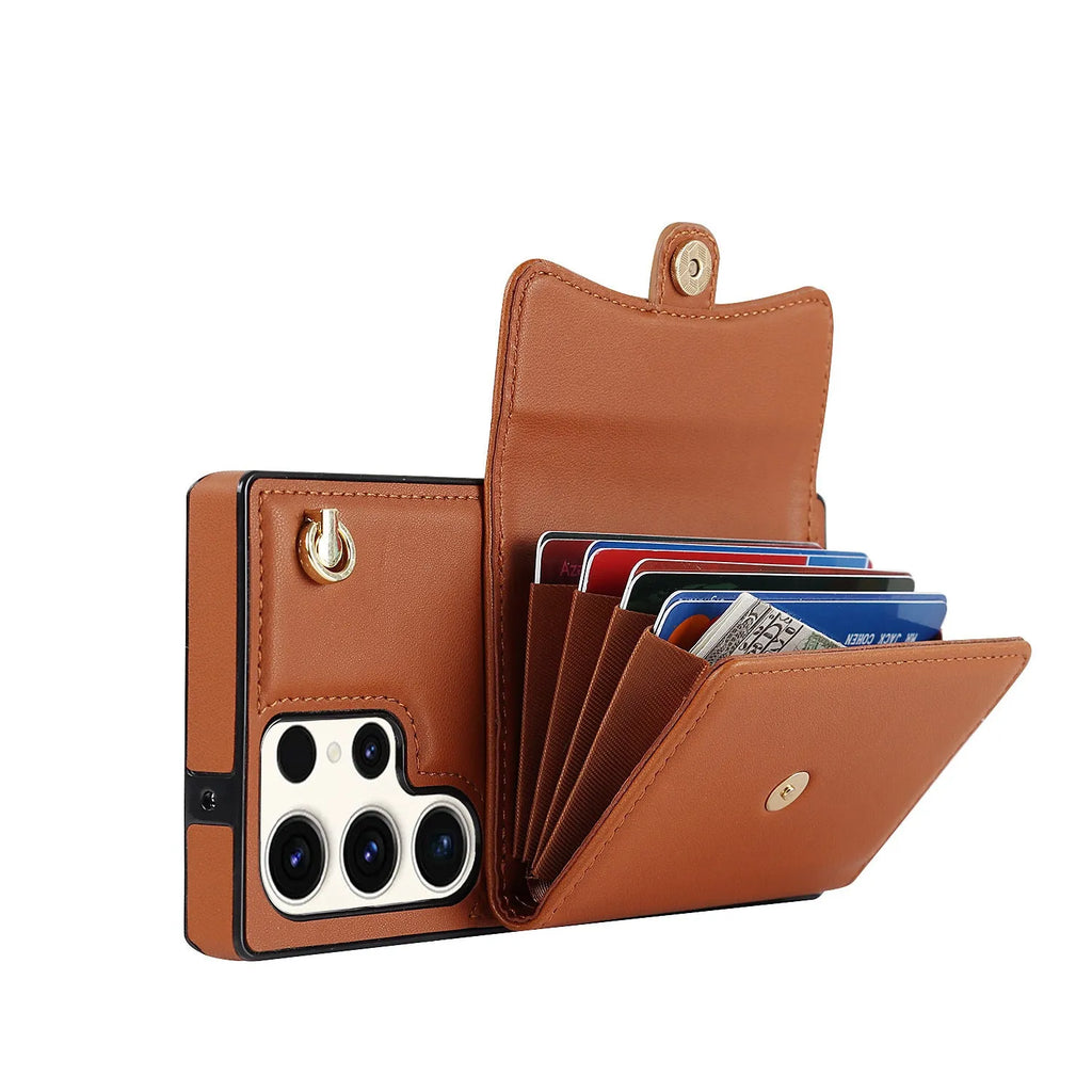 Samsung wallet phone case in mint green with card slot, kickstand, and crossbody strap