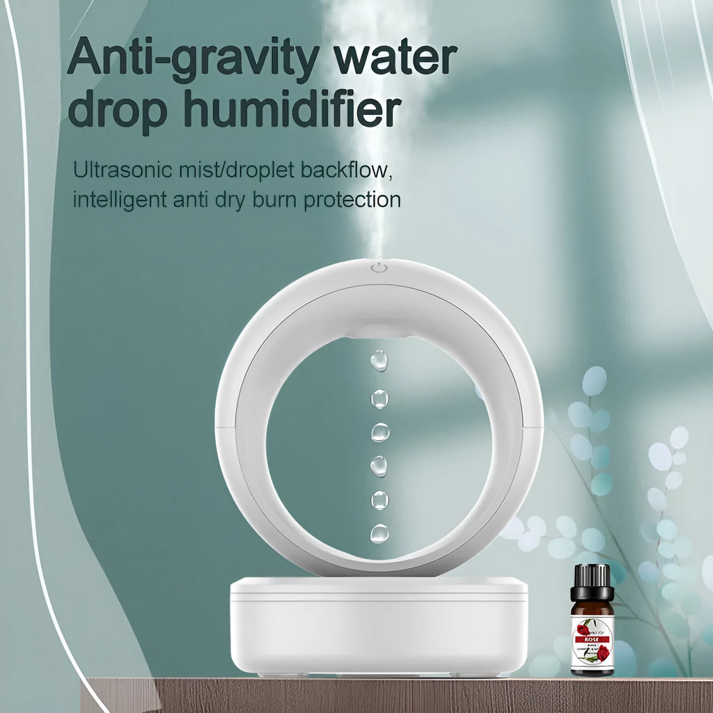 White round anti-gravity air humidifier with levitating water droplets on a desk, USB powered