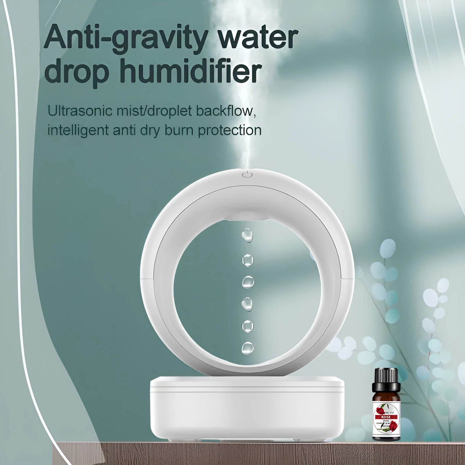 White round anti-gravity air humidifier with levitating water droplets on a desk, USB powered