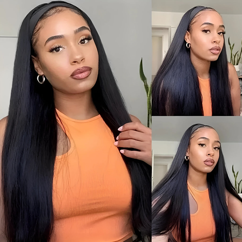 Headband wig with pre-attached headscarf in high temperature fibre hair