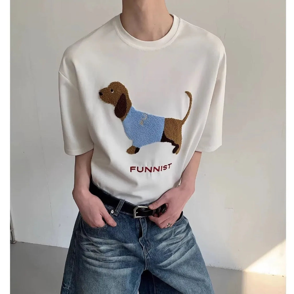 Men's grey cotton t-shirt with embroidered sausage dog design on the chest