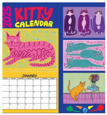 Cat calendar wall planner showing monthly grids with feline illustrations on A4 paper