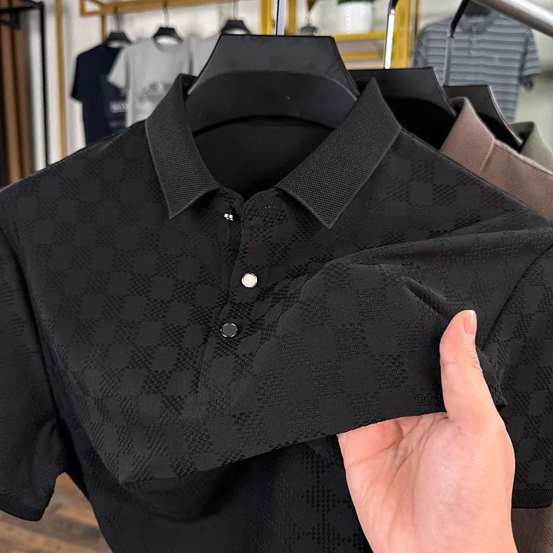 Rhombus brand thin ice silk short sleeve T-shirt for men in black, showing V-neck with slit detail.