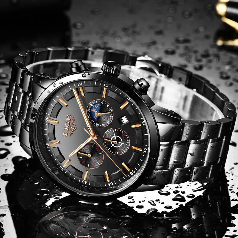 Men's waterproof quartz sports watch with 12mm case in black and rose red gold colour
